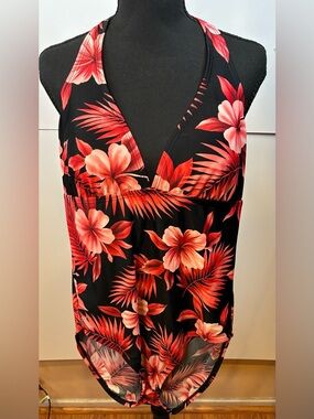 Speedo Black and Red Tropical Floral Halter One Piece Swimsuit V-neck Womens 14